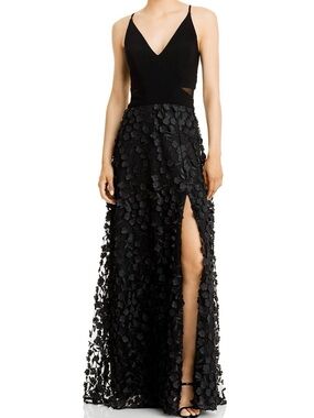 Aqua Black Floral Appliqué Evening Dress - Women's Formal Gown size 6